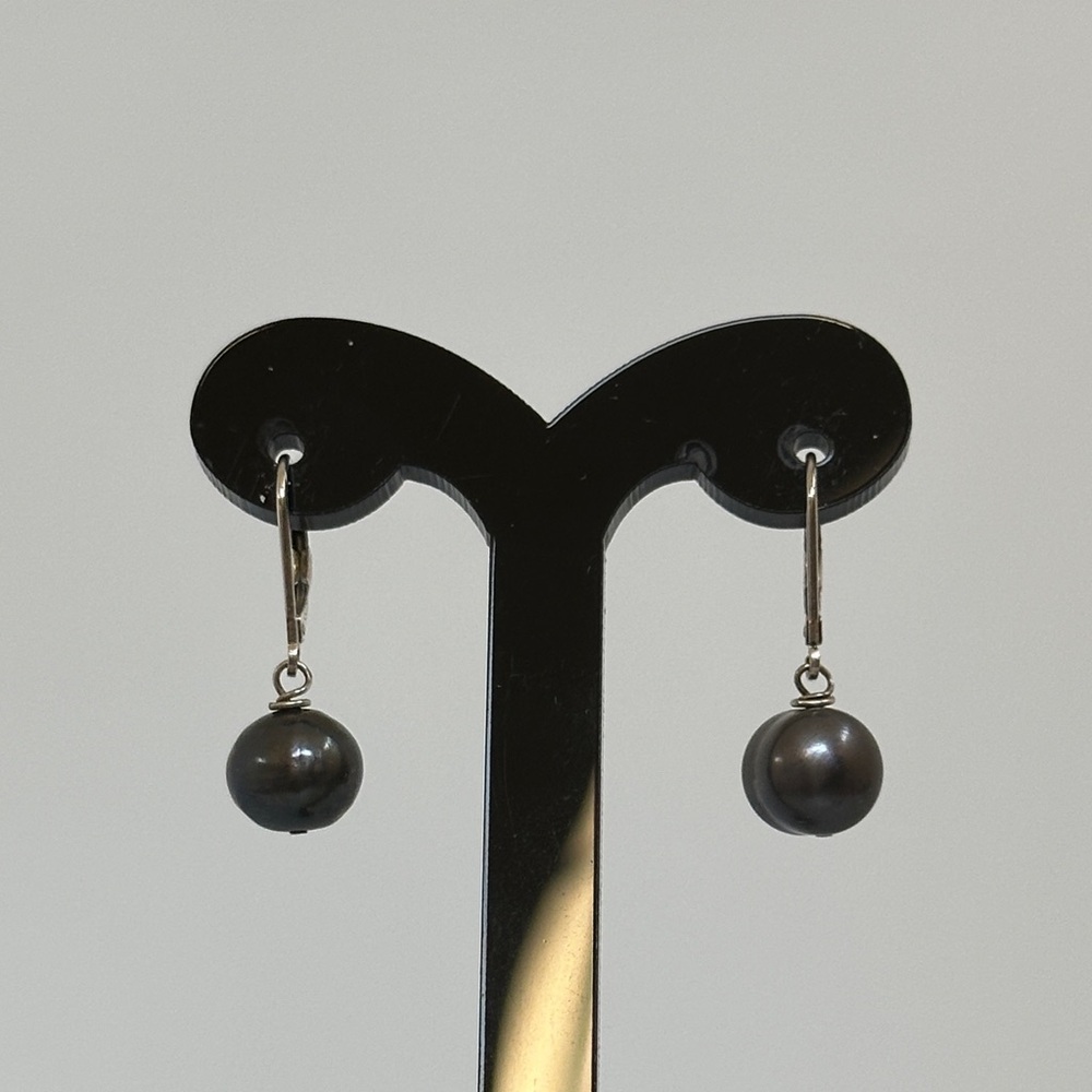 Elegant 925 sterling silver real Black Pearl Drop Earrings
